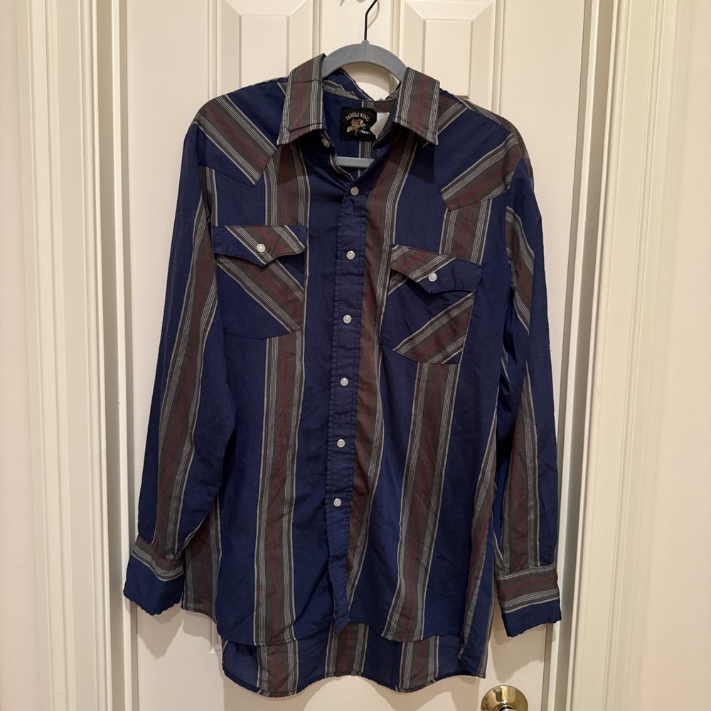 Saddle King Western Striped Pearl Snap Button Down Shirt L Vintage 16½ 34 USA